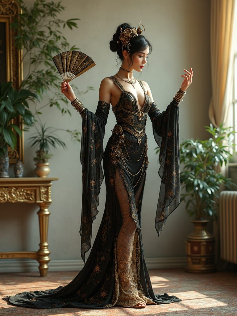 Steampunk Cyborg Geisha Performs Elegant Fan Dance