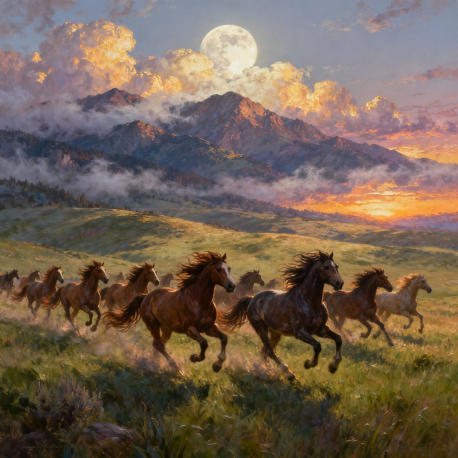 Galloping Horses Race Across Plains Under Moonlit Sky