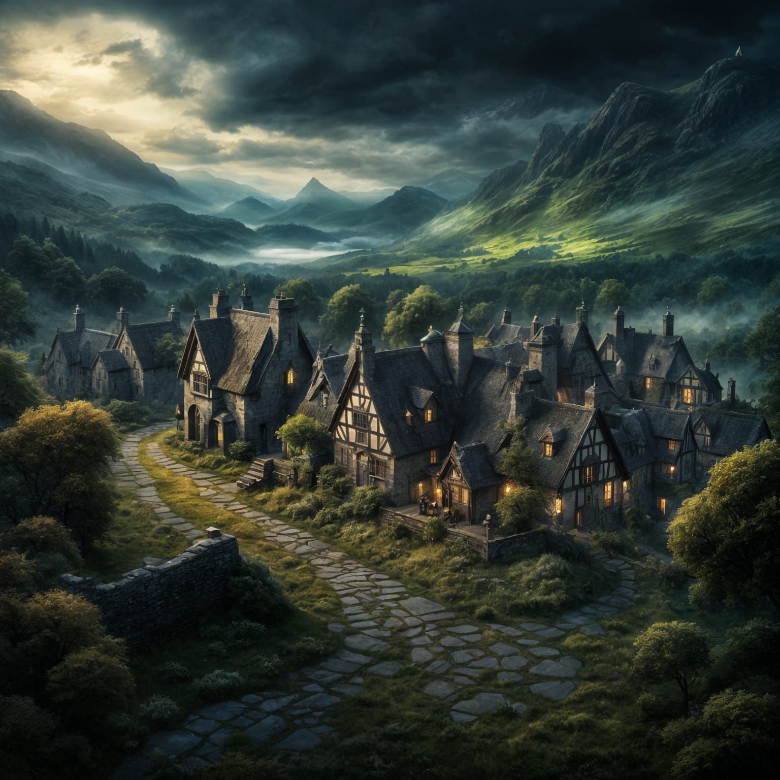 Dark Fantasy Celtic Village Near Forest, Digital Painting