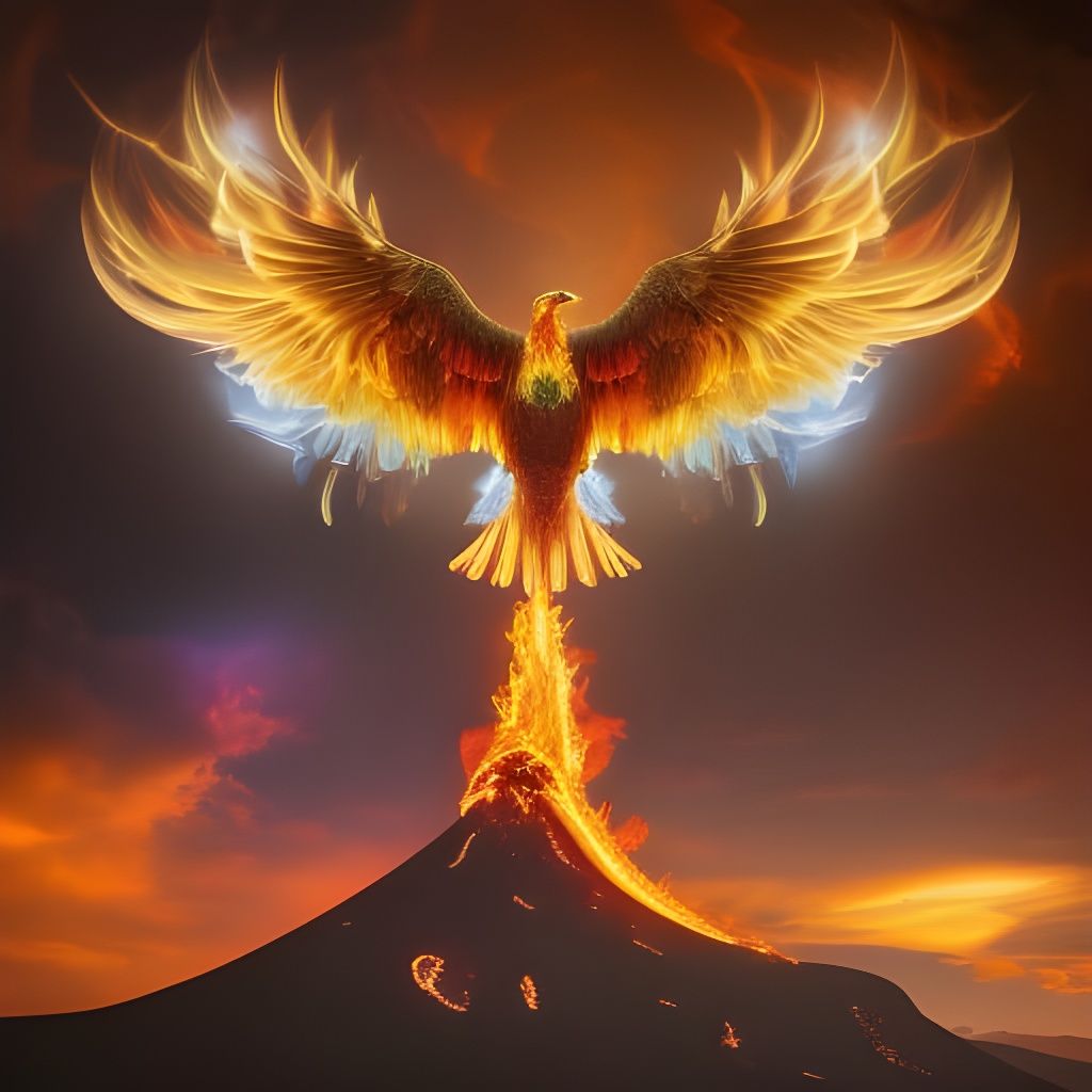 Golden Phoenix Soars Above Lava Volcano