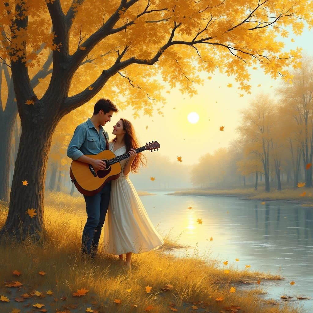 Autumn Landscape with Serene River and Loving Couple