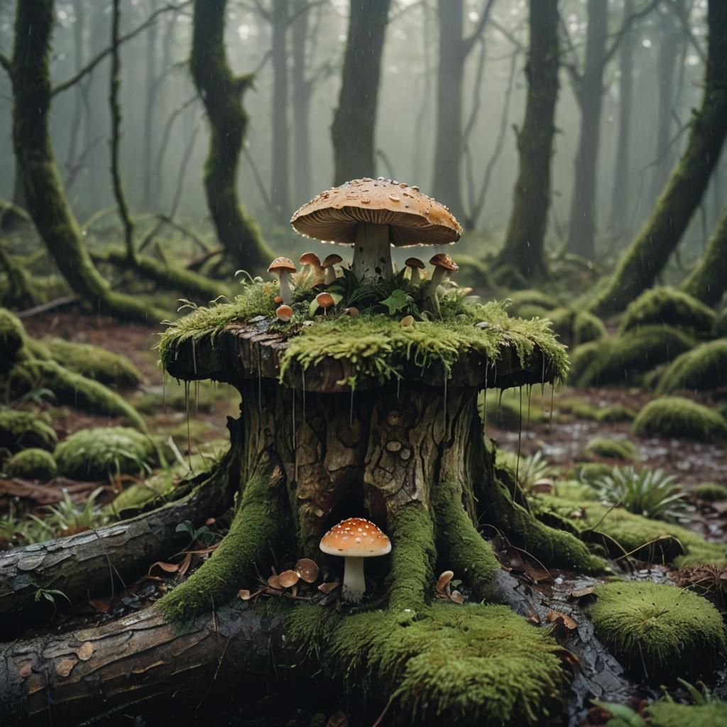 Mystical Forest Stump with Mouse in the Rain