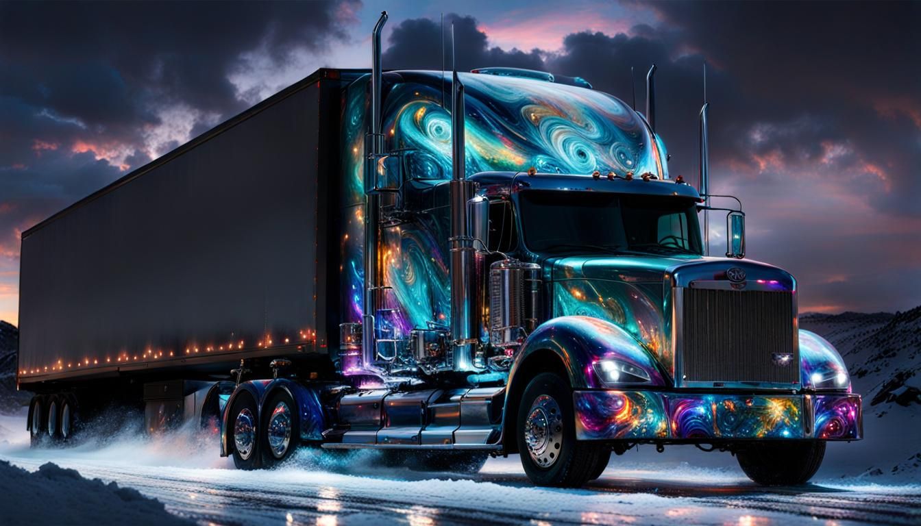 Eighteen-Wheeler Speeds Down Snowy Highway at Night