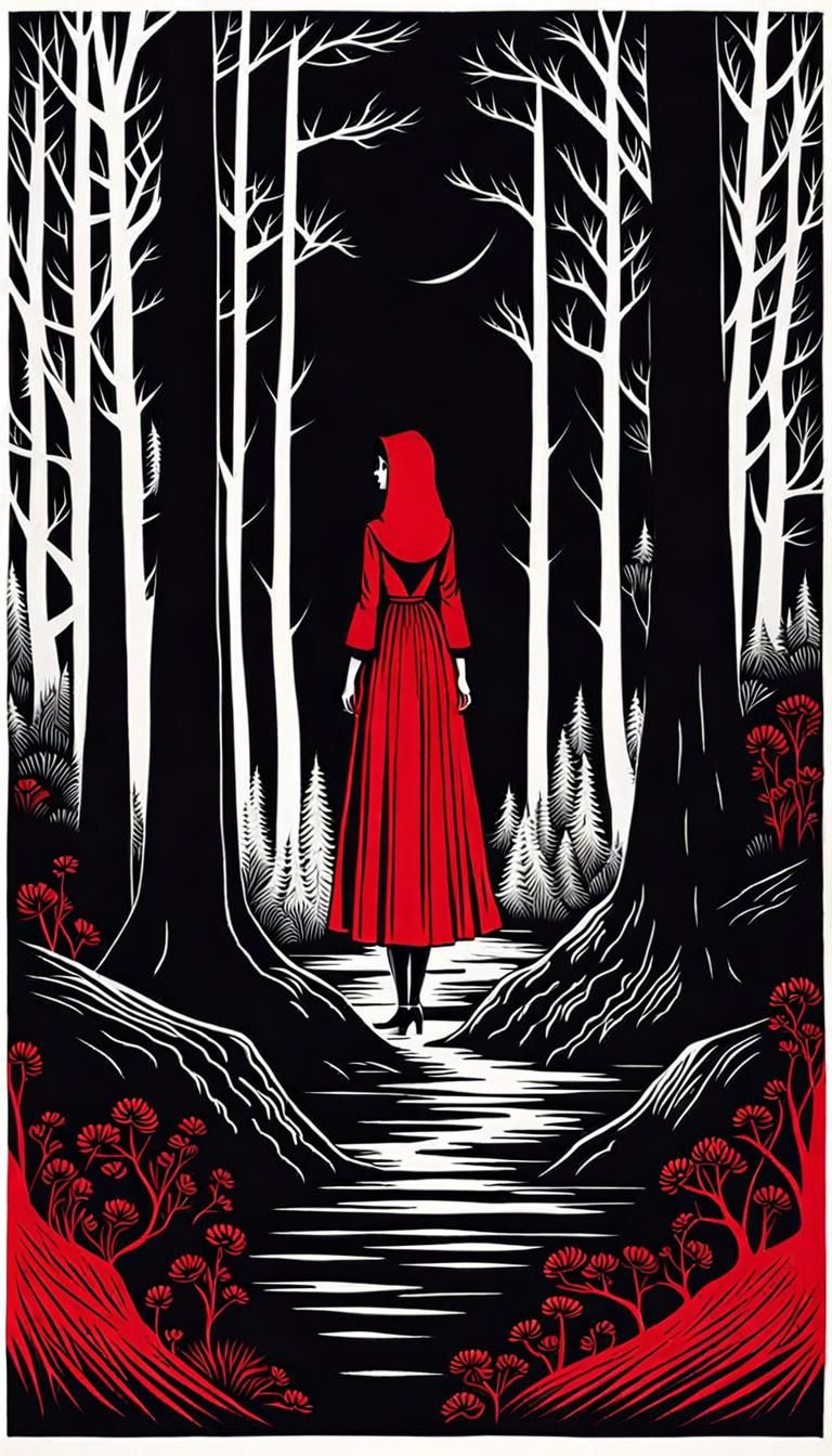 Handless Girl in Dark Forest, Folk Art Linocut
