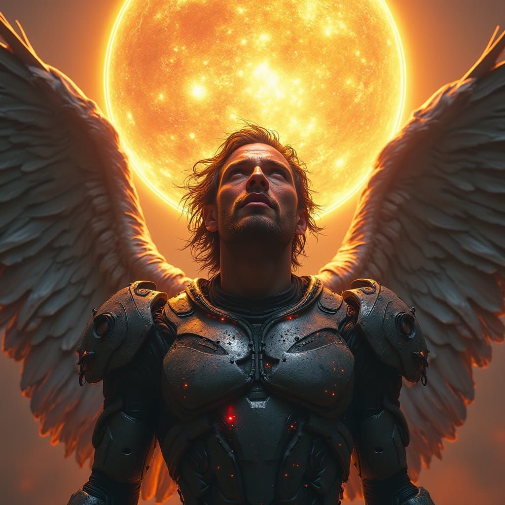 Hyper-Realistic Icarus in Futuristic Armor, Reaching for a D...