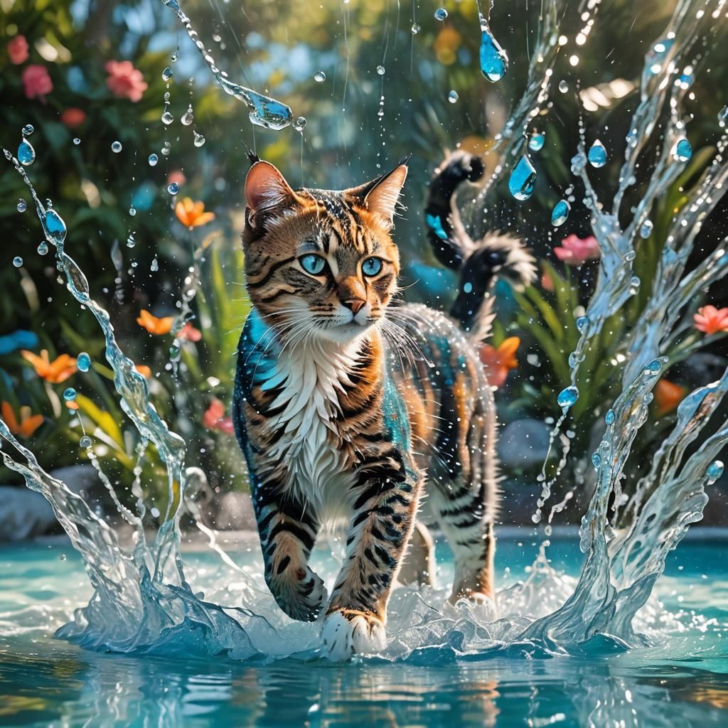 Mid-Air Cat Over Turquoise Pool in Photorealistic Style