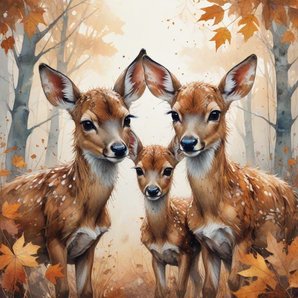 Fawns in Autumn Leaves: Stylized Watercolour Painting
