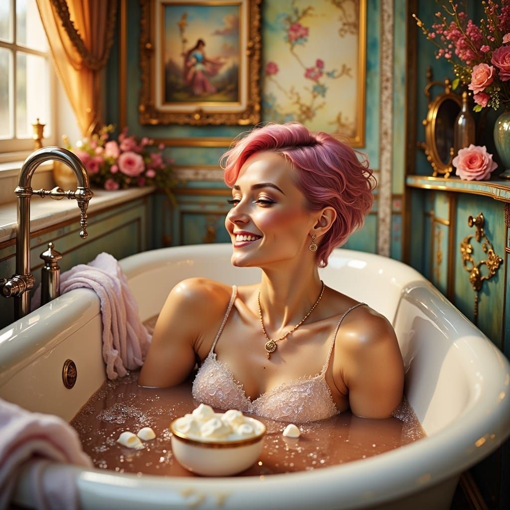 Whimsical Bath Scene in a Dreamy, Fantasy Art Style