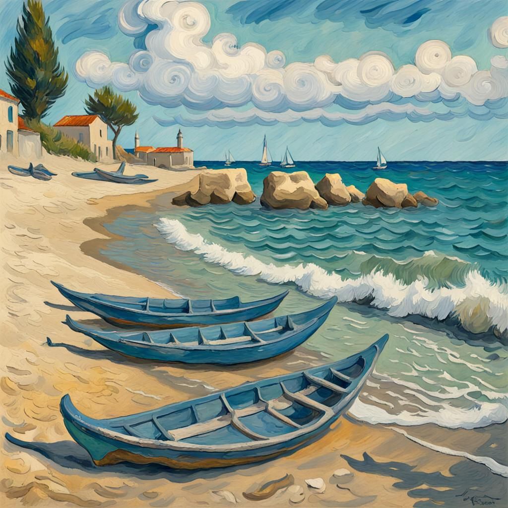 Dolphins on Beach in Impressionist Gouache Style