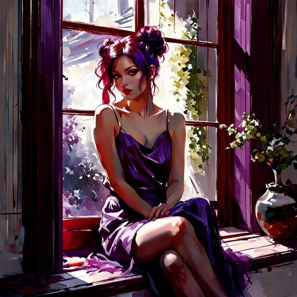 Beautiful Woman in Violet Pencil Sketch Graphic