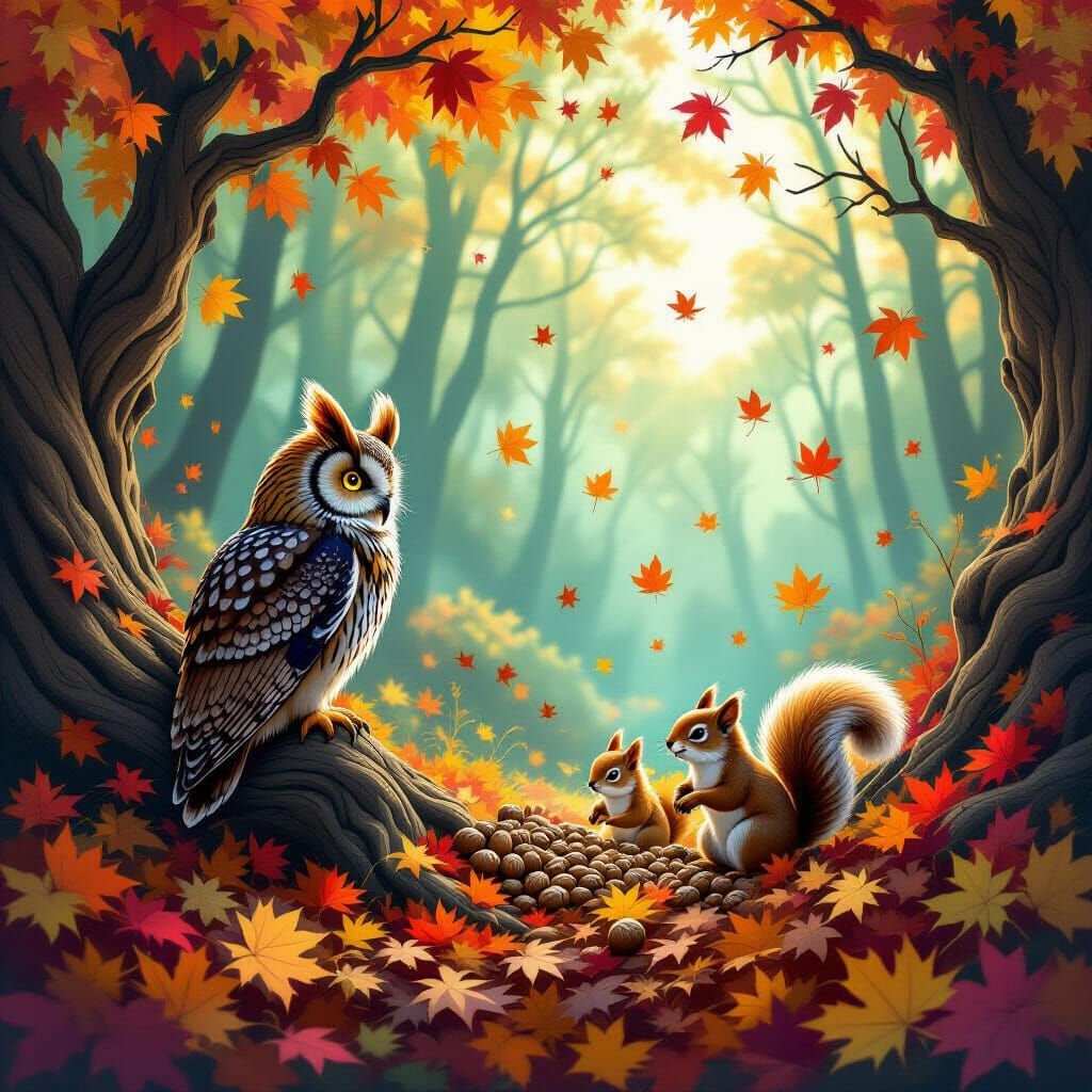 Wise Owl Watches Squirrels in Swirling Autumn Vortex