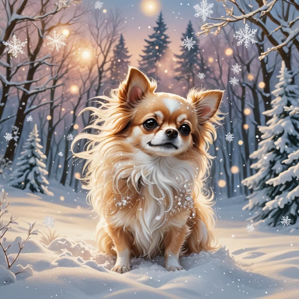 Chihuahua in Winter Wonderland Watercolor Illustration