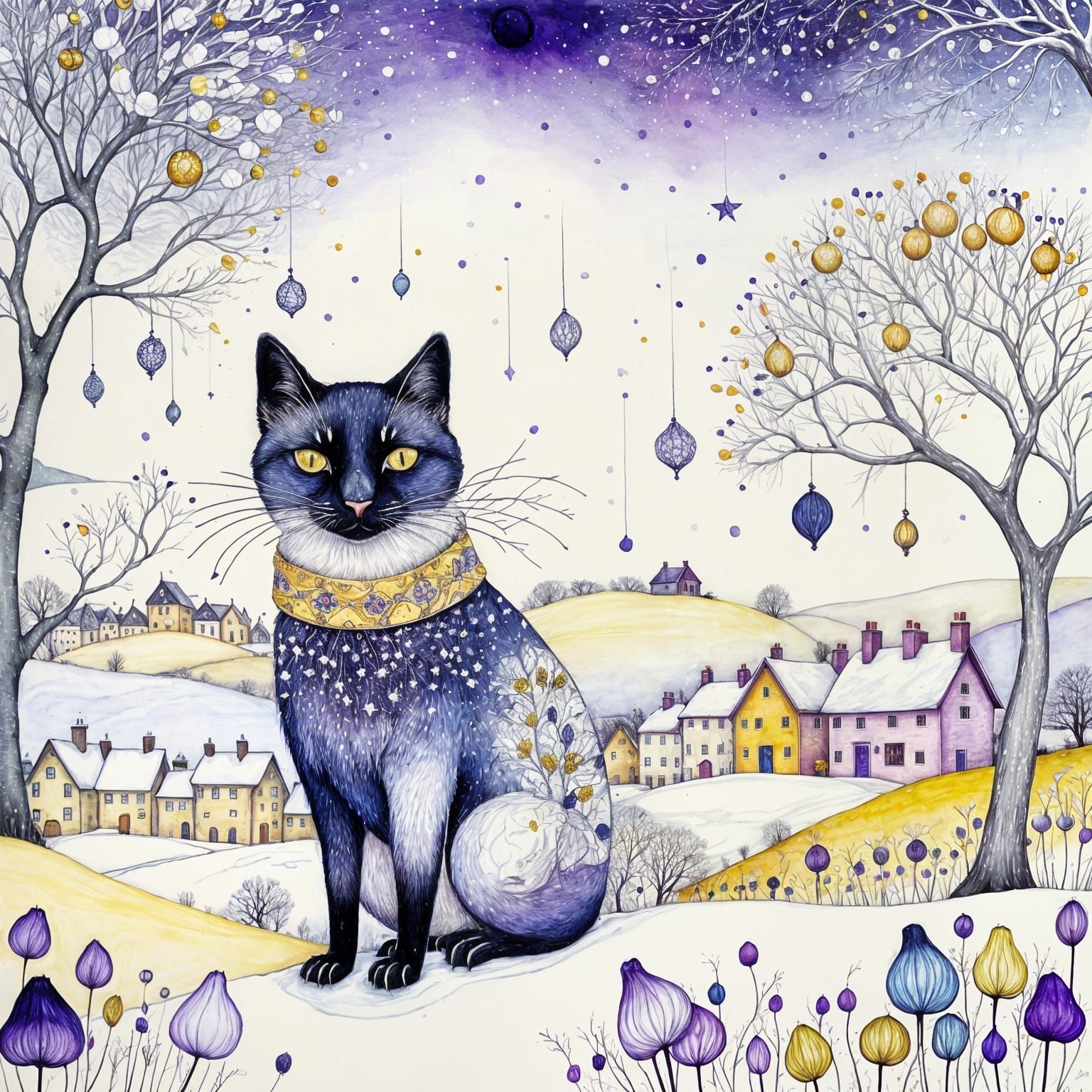 Cozy Winter Village Alcohol Ink Drawing