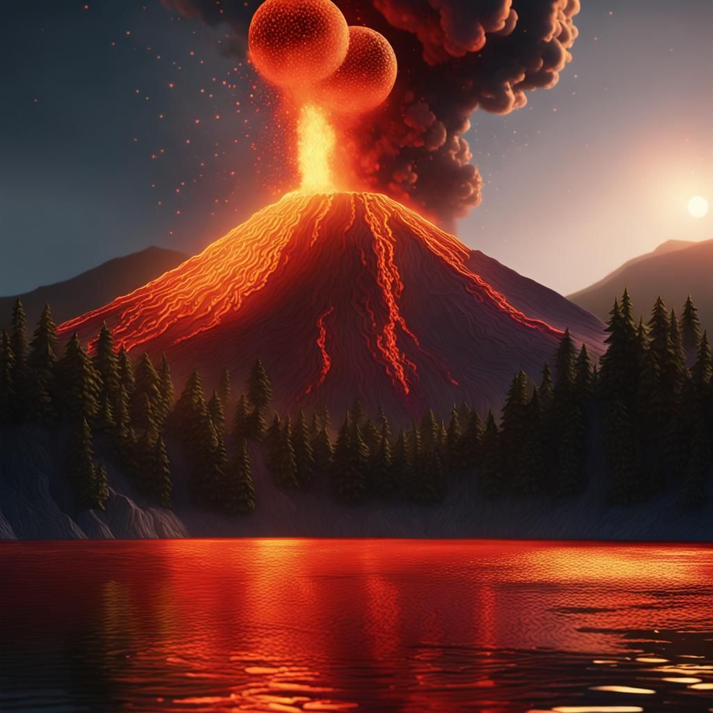 Volcanic Eruption at Night Under Moonlight