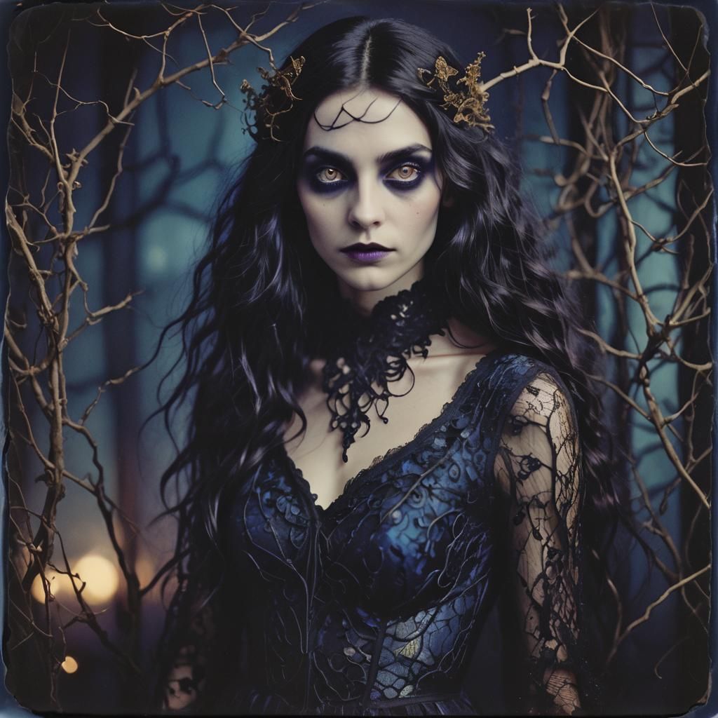 Ethereal Dark Elf Portrait in Polaroid Style