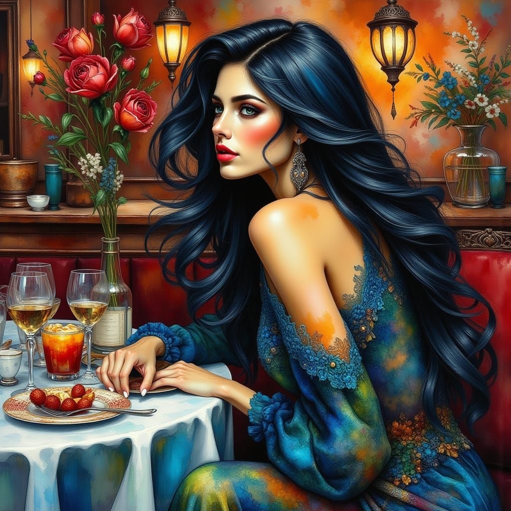 Woman in Silk Dress at Opulent Restaurant