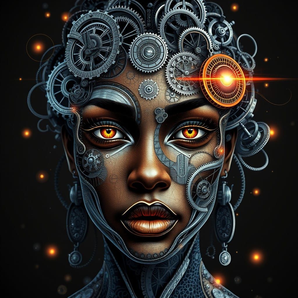 Surreal Portrait of African American Woman in Intricate Gear...