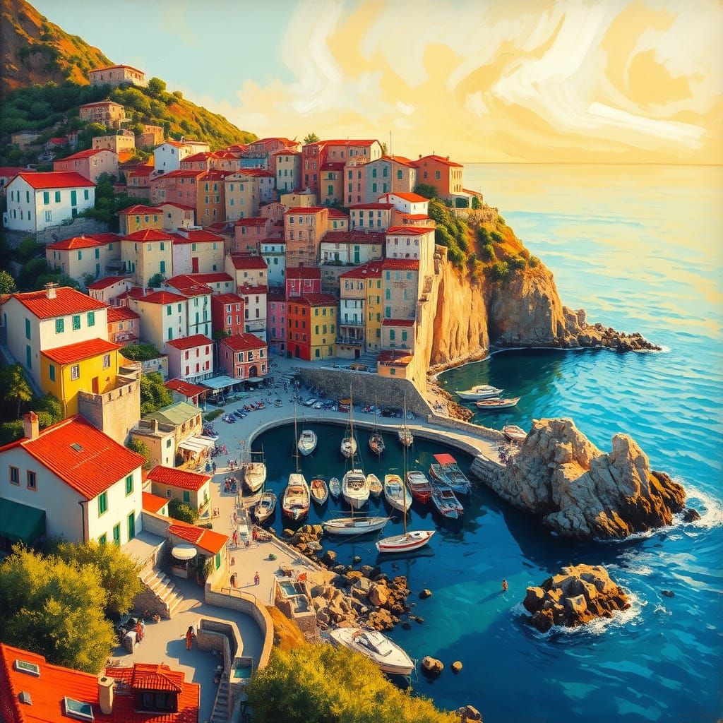 Colorful Village on Rocky Coastline at Golden Hour