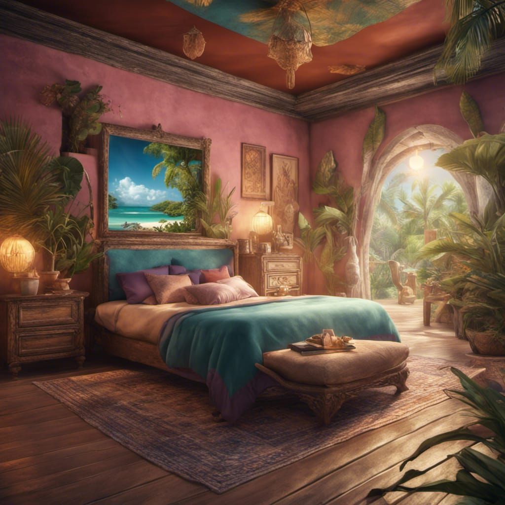 Romantic Tropical Beach Bungalow Bedroom: Fantasy Concept Ar...