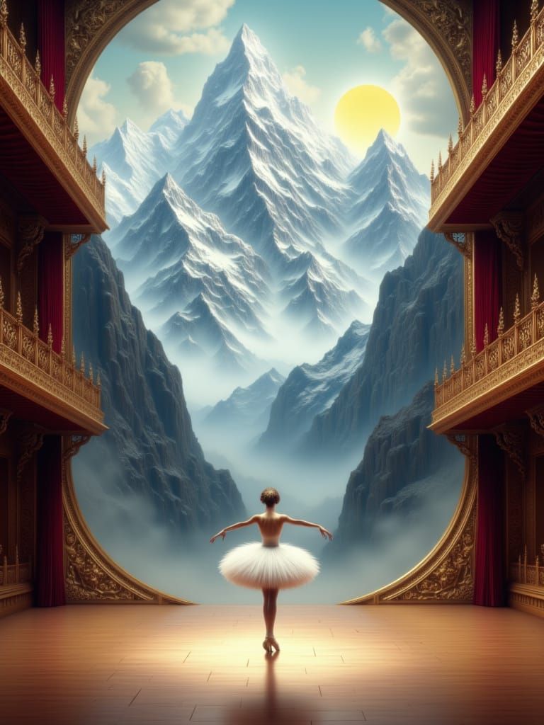 Surreal Ballerina Dances on Mountains in Magical Realism Sty...