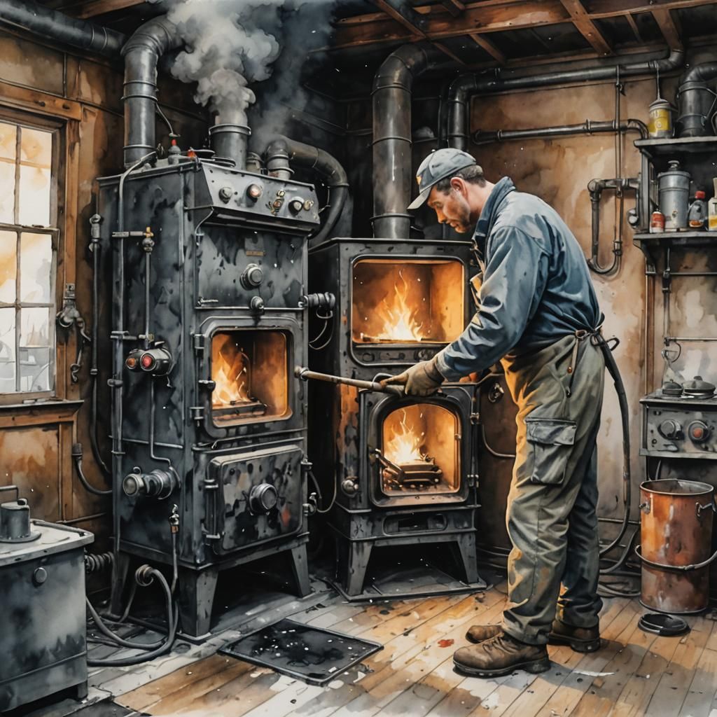 Industrial Workman Cleaning Sooty Oil Furnace