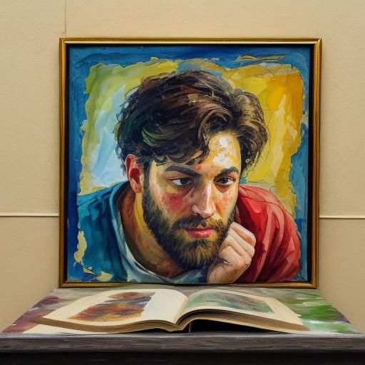 Impressionist Gouache Painting of Jewish Man Studying