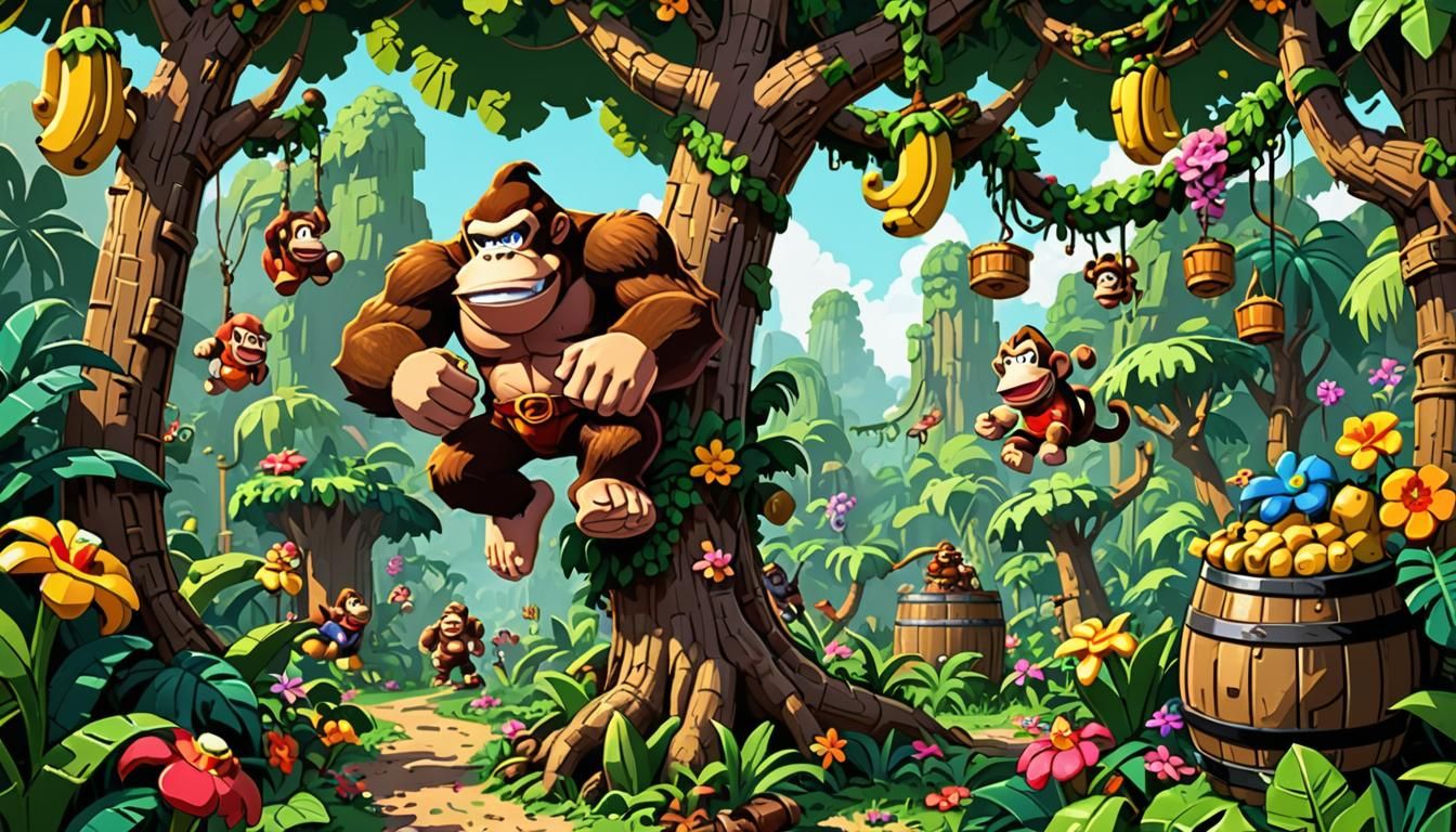 Donkey Kong in Vibrant Pixel Art Jungle Adventure