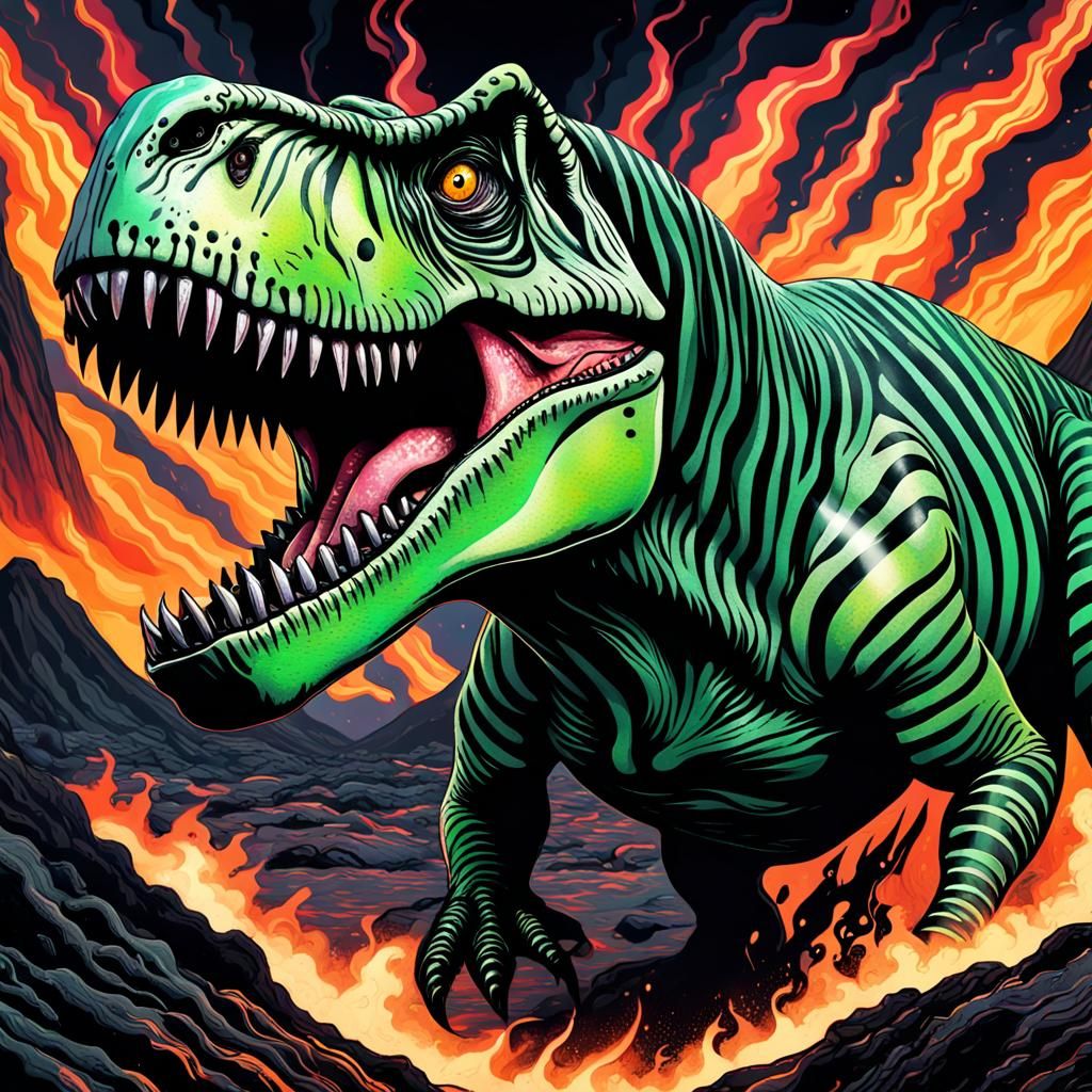 Roaring Striped T-Rex in Lava: Cosmic Illustration