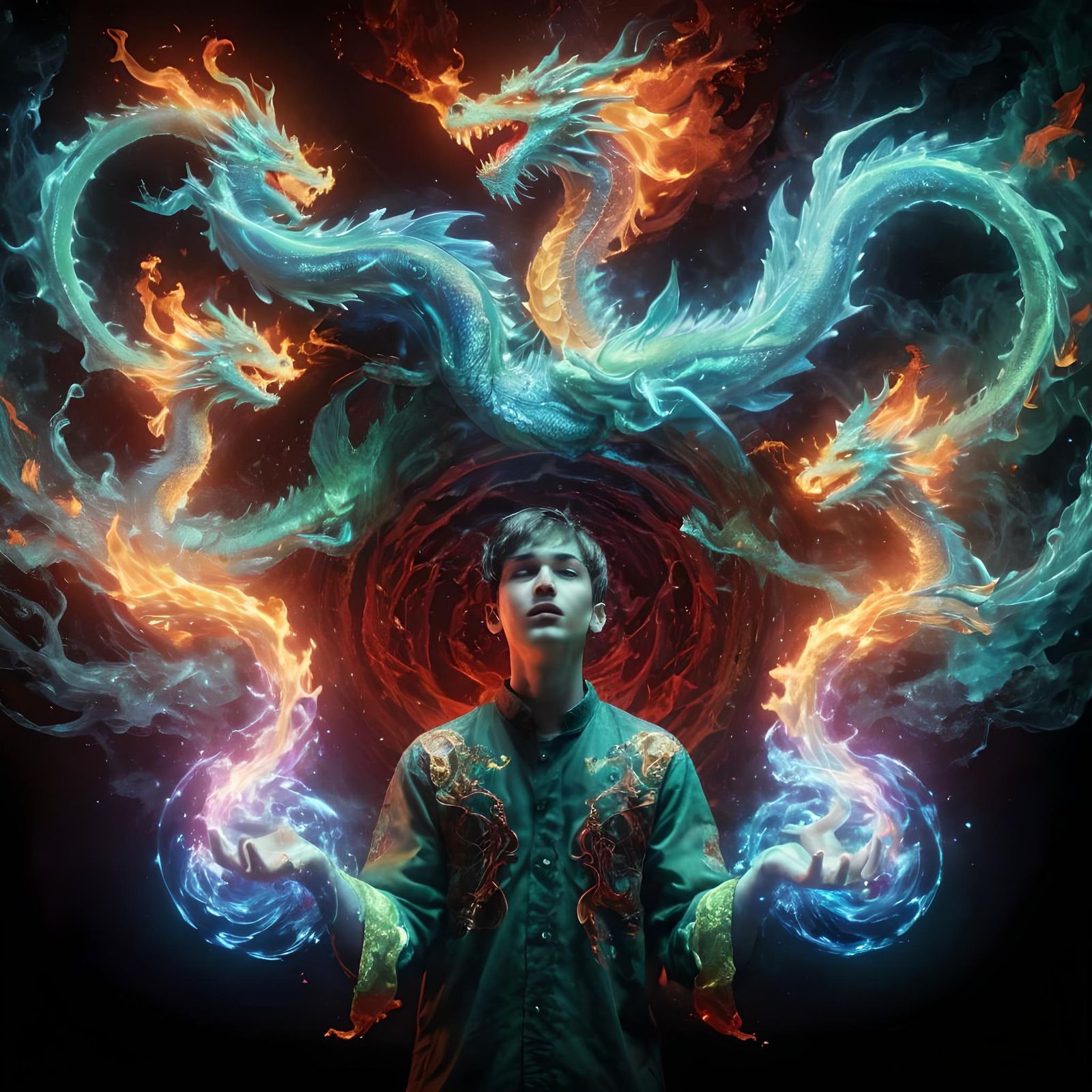 Boy Conjuring Fire Dragons with Neon Colors