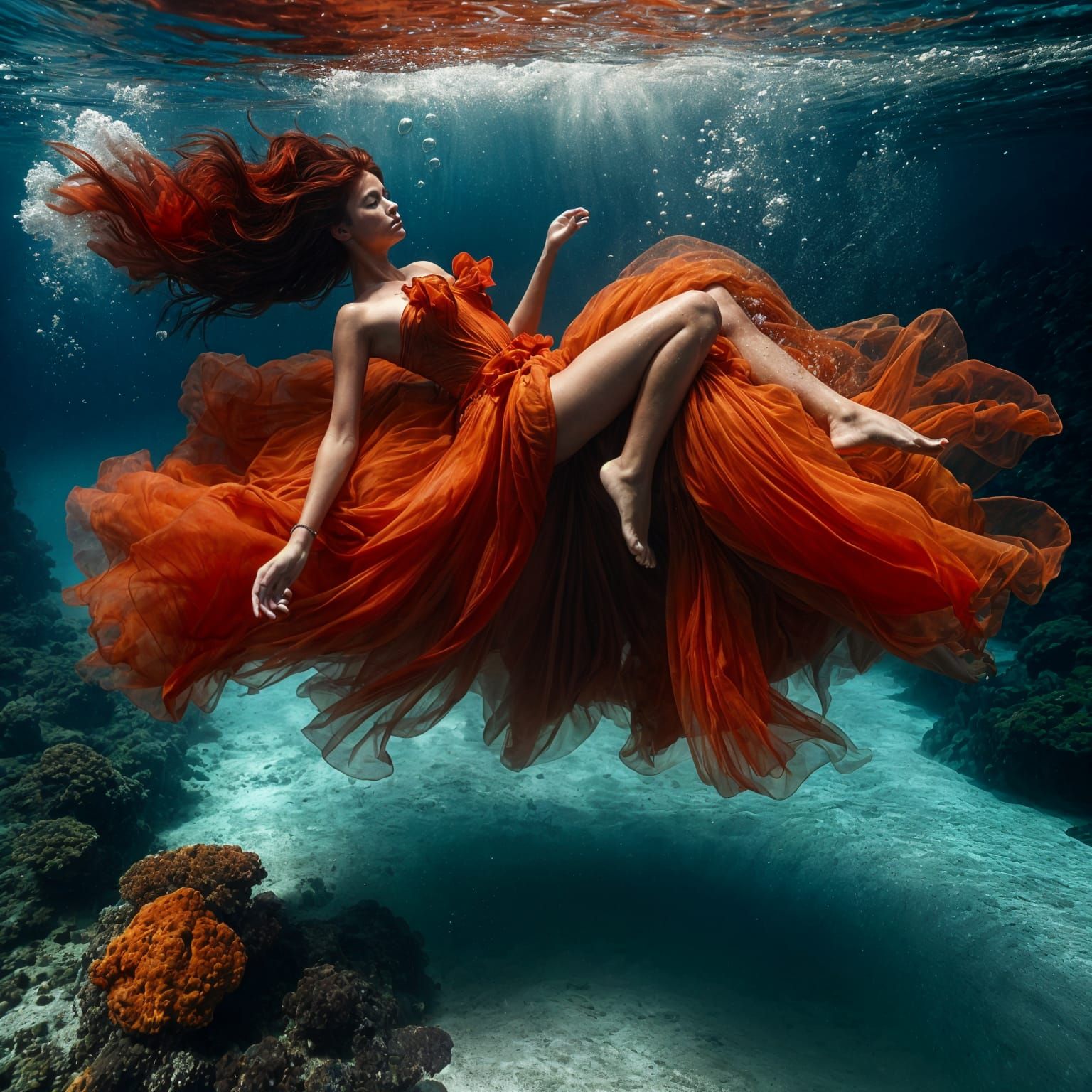 Sensual Goddess of the Ocean Depths in Vibrant Orange Flowin...
