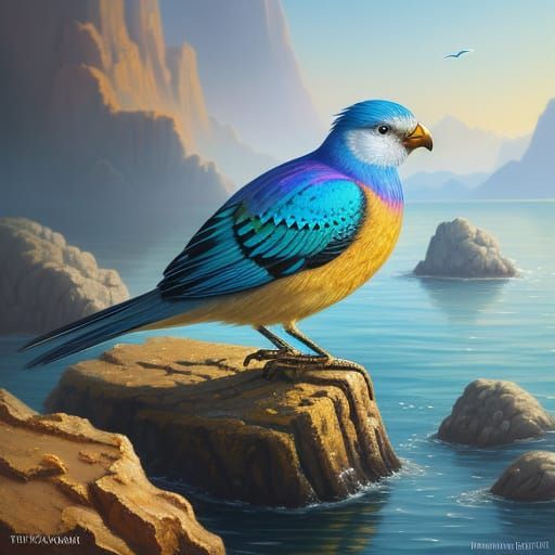 Surreal Bird on Rocks in Vibrant Oil Painting