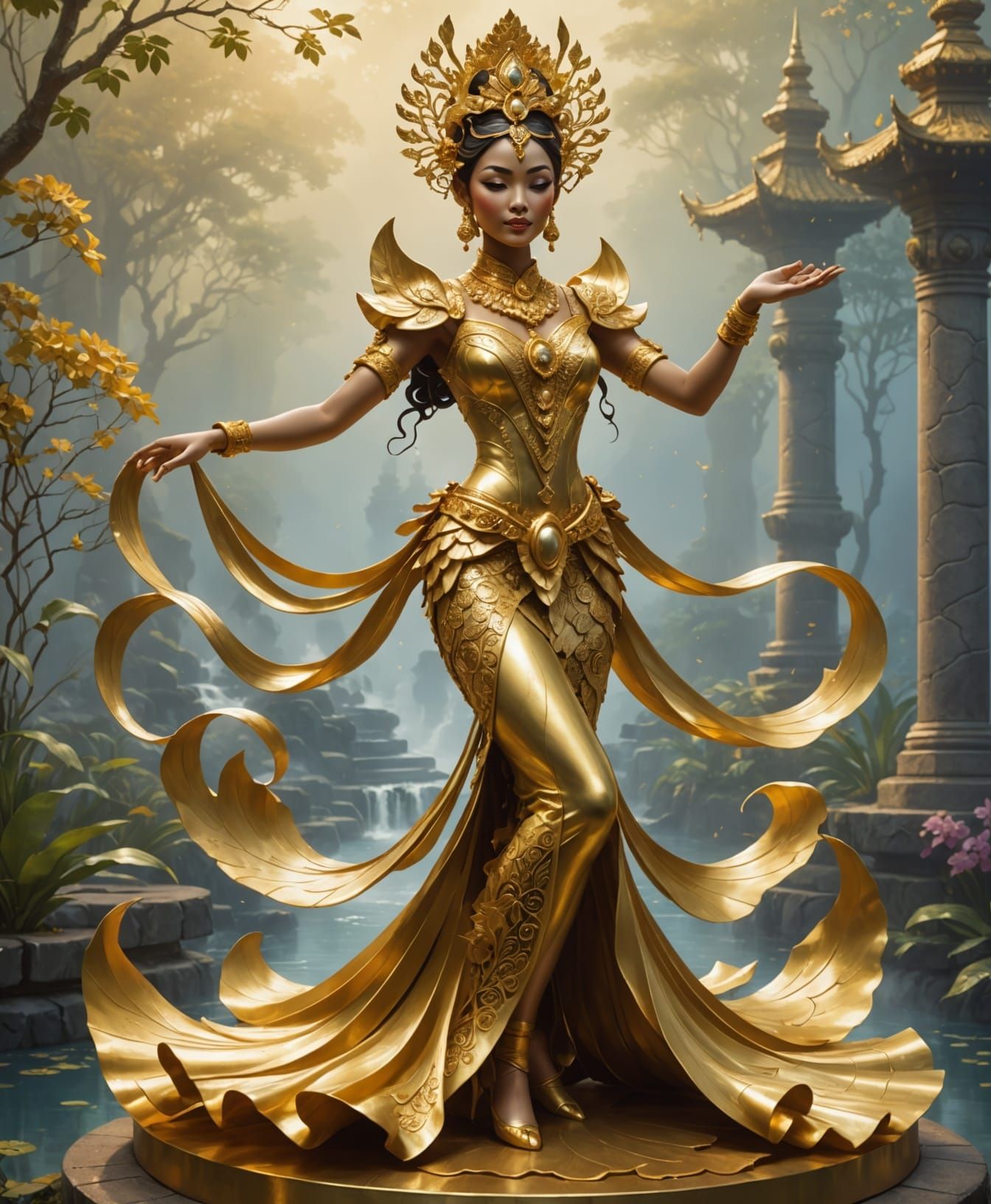 Golden Indonesian Dancer Sculpture in Ethereal Style