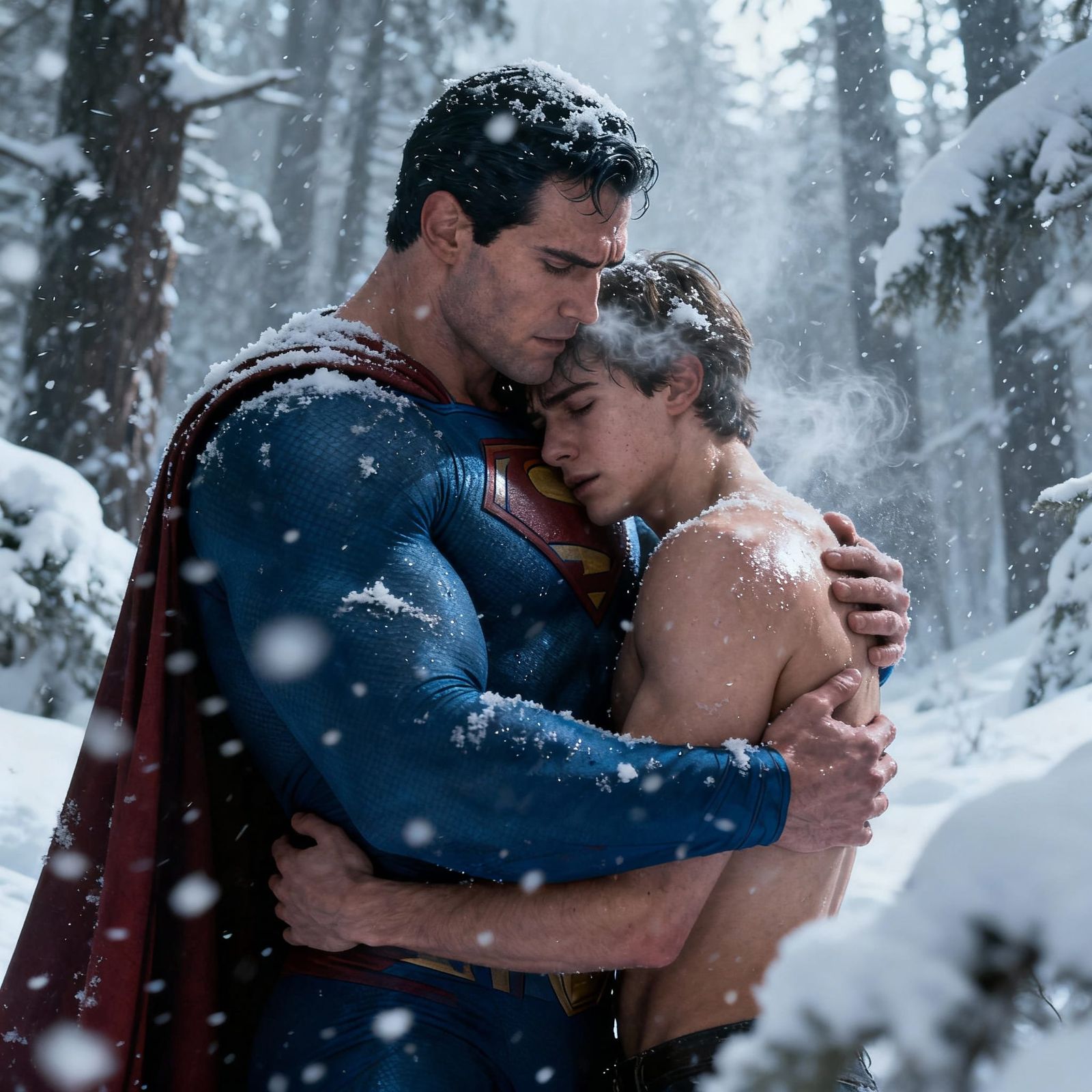 Superman Hugs Jimmy Olsen in Snowy Forest