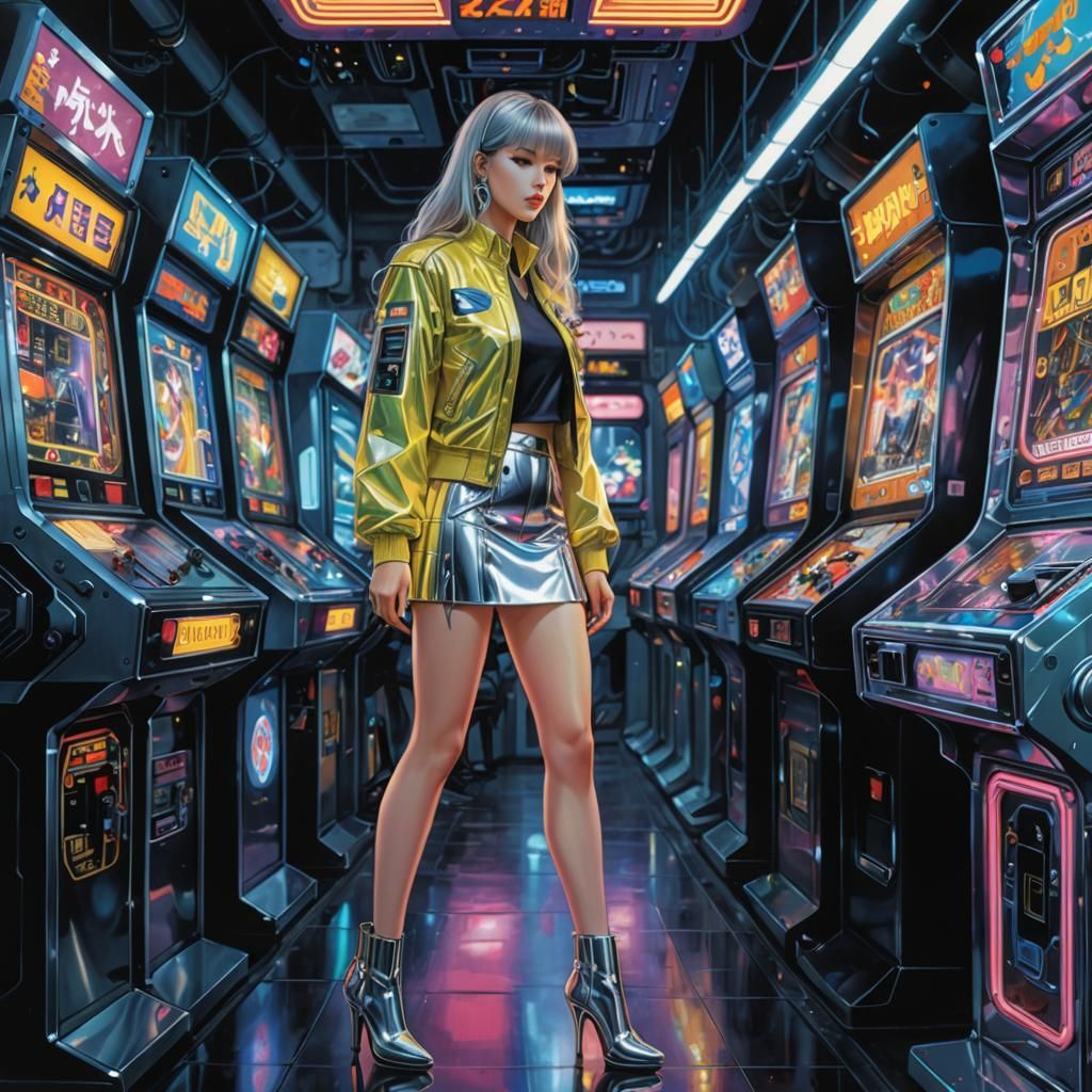 80s Retro-Futuristic Cyborg Girl in Arcade
