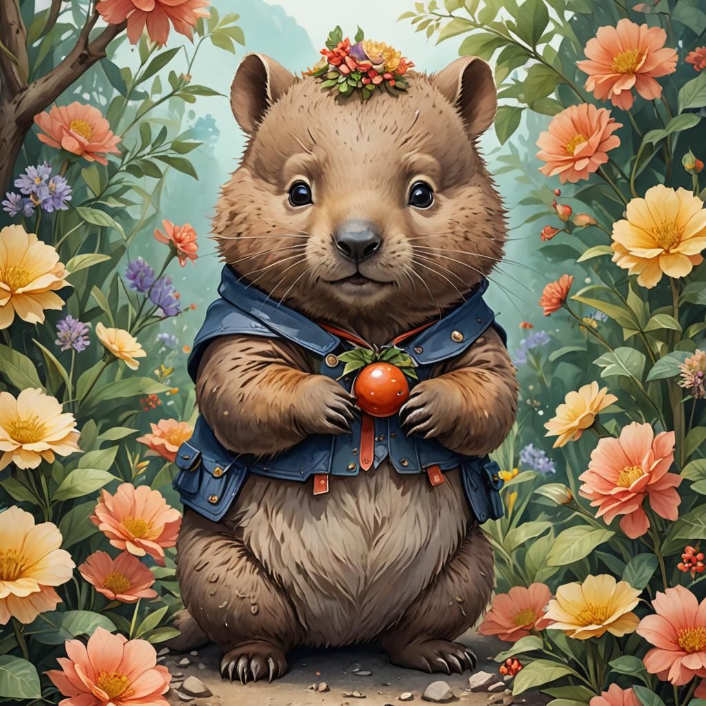 Whimsical Watercolor Wombat Illustration in Anime Art
