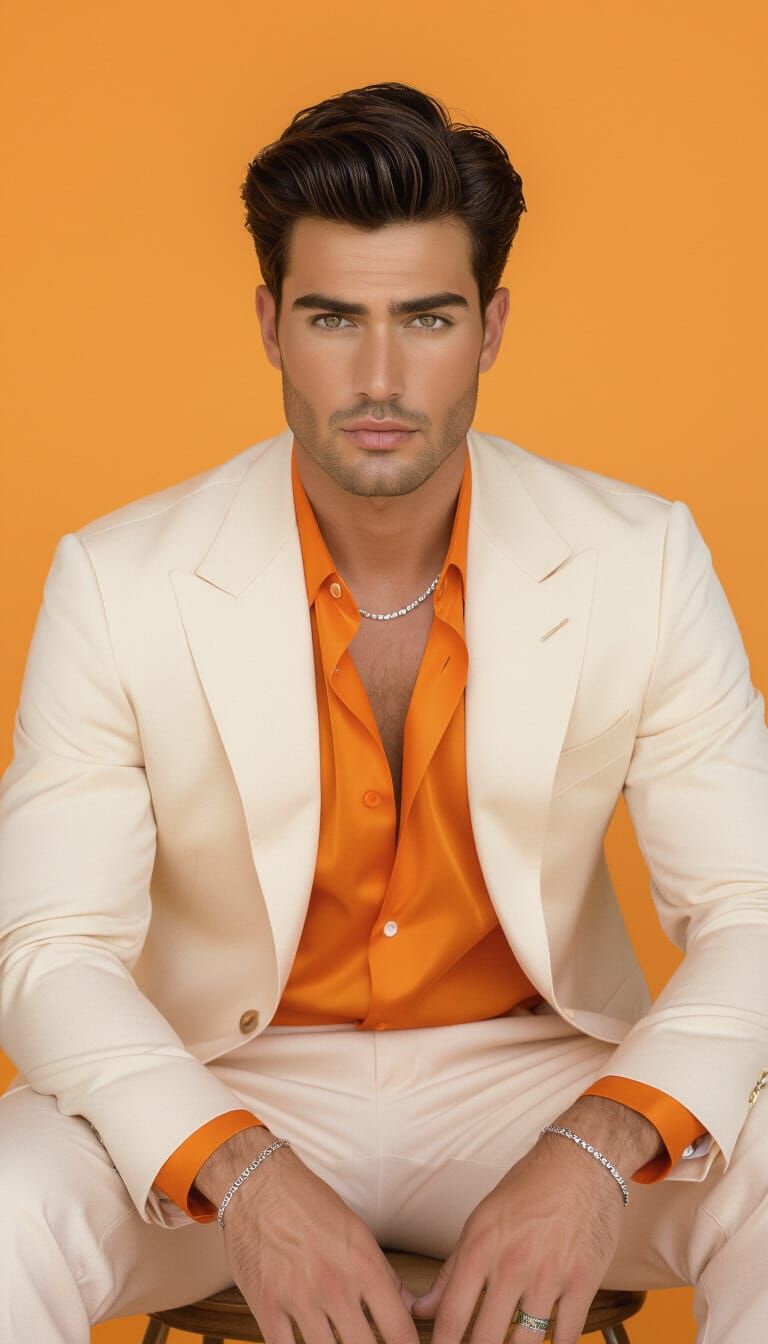 Man in Vibrant Orange Suit, Confident Studio Portrait