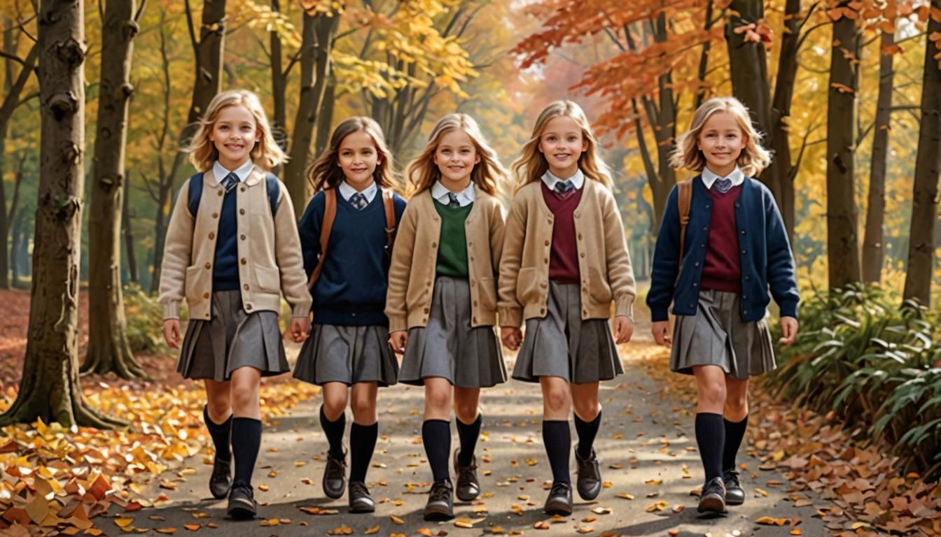 Girls in School Uniform Walking Through Autumn Forest