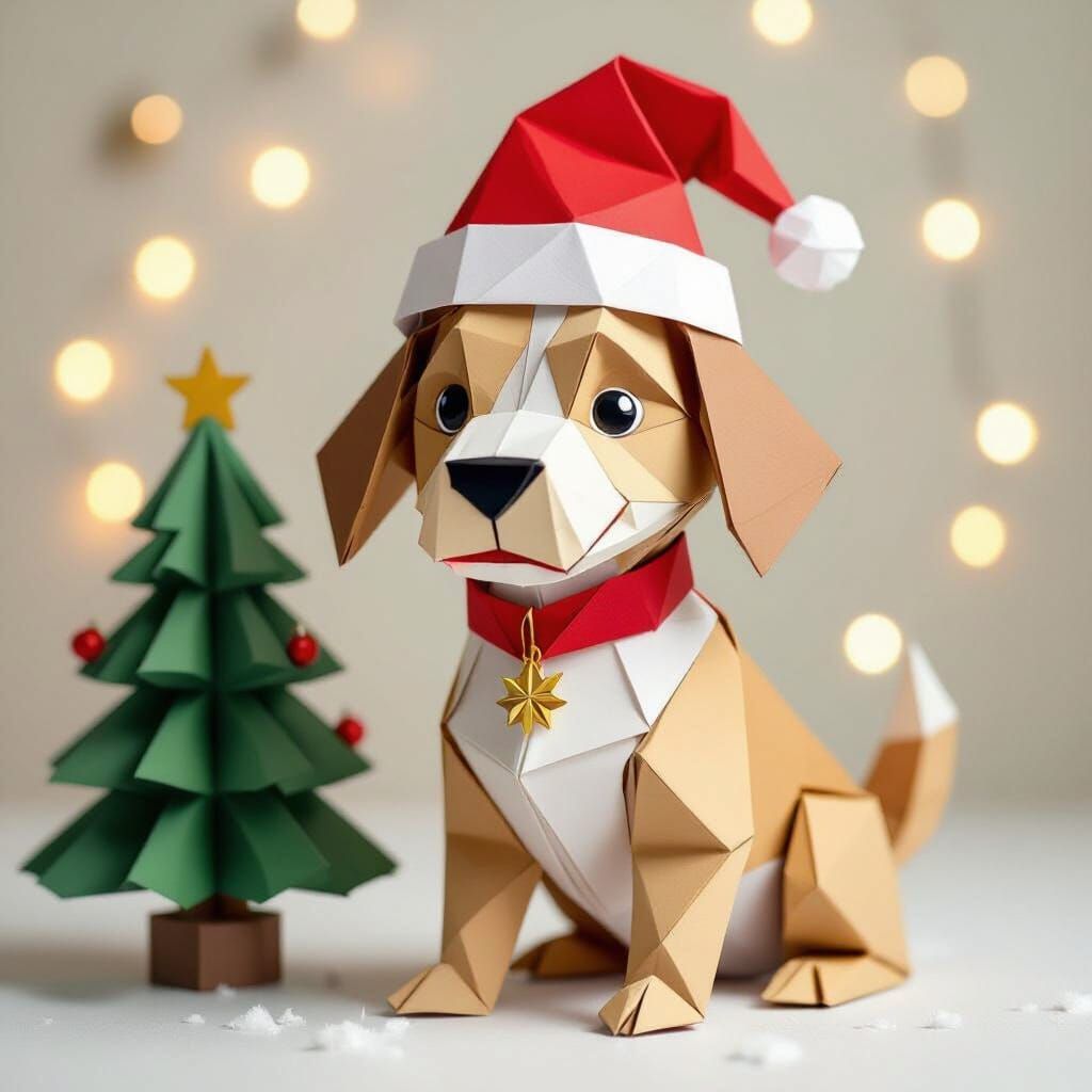 Origami Christmas Dog in Whimsical Paper Art Style