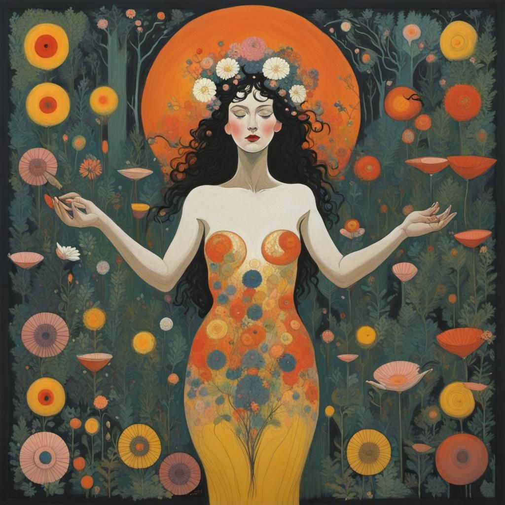 Cosmic Goddess in Abstract Floral Forest, Klimt Style