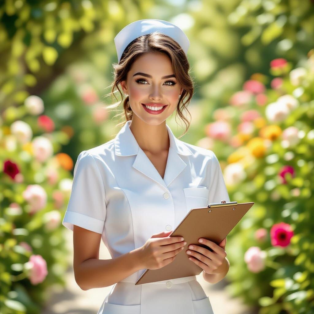 Nurse in Sunlit Garden: Photorealistic Classic Glamour