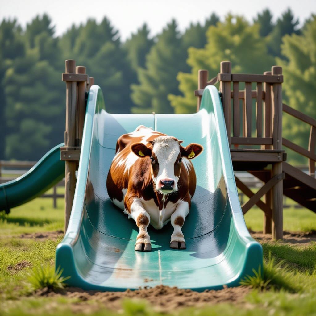 Cow Slides Down a Children's Slide