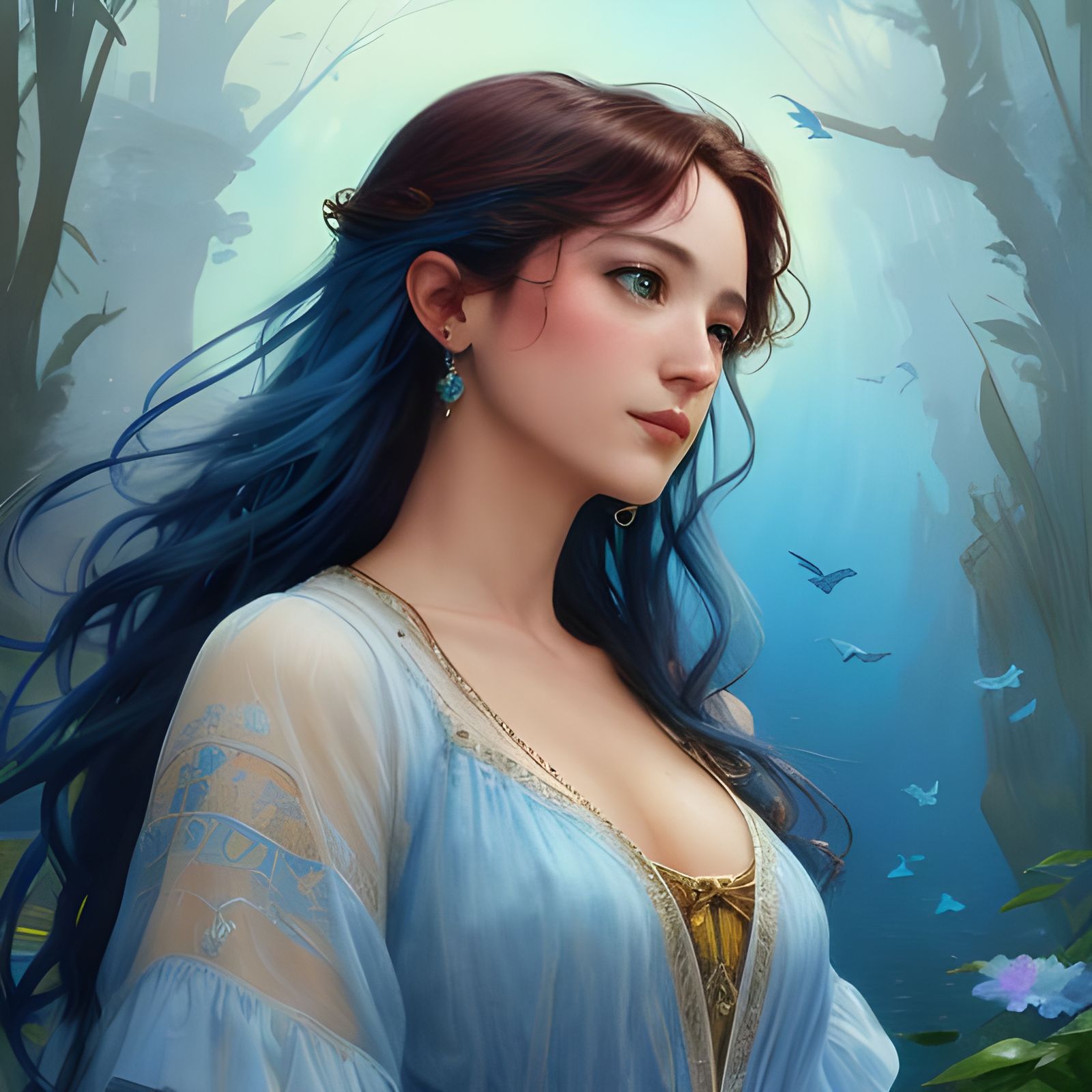 Bluebirds Over the Sea: Art Nouveau Watercolor