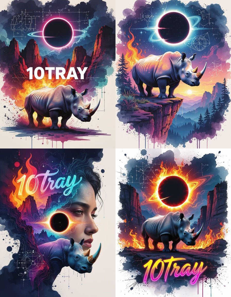 Vibrant Liquid Ink Art with Neon Flames and Rhinos