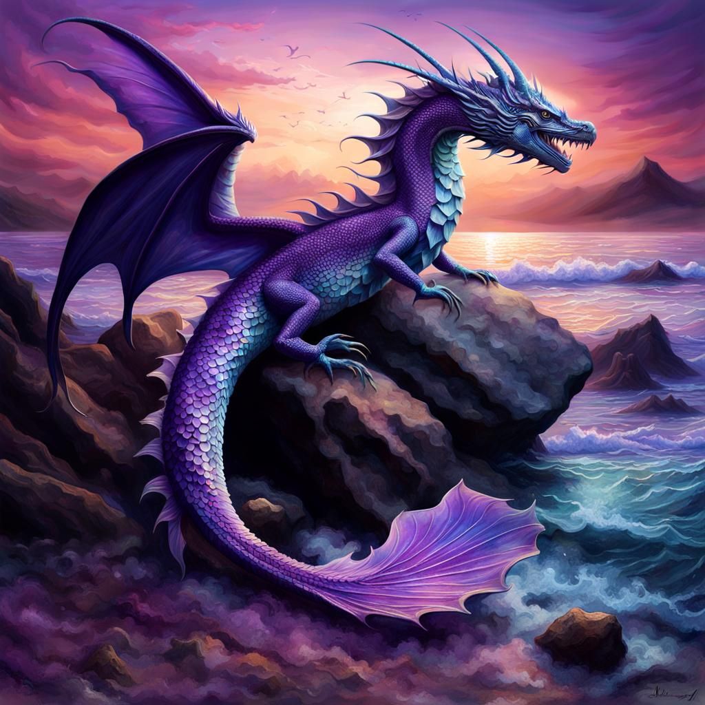 Dragon-Fish Hybrid Creature on a Rocky Beach