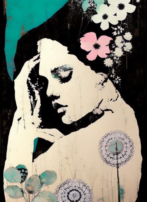 Double Exposure Woman Profile with Flowers as Mixed Media Co...