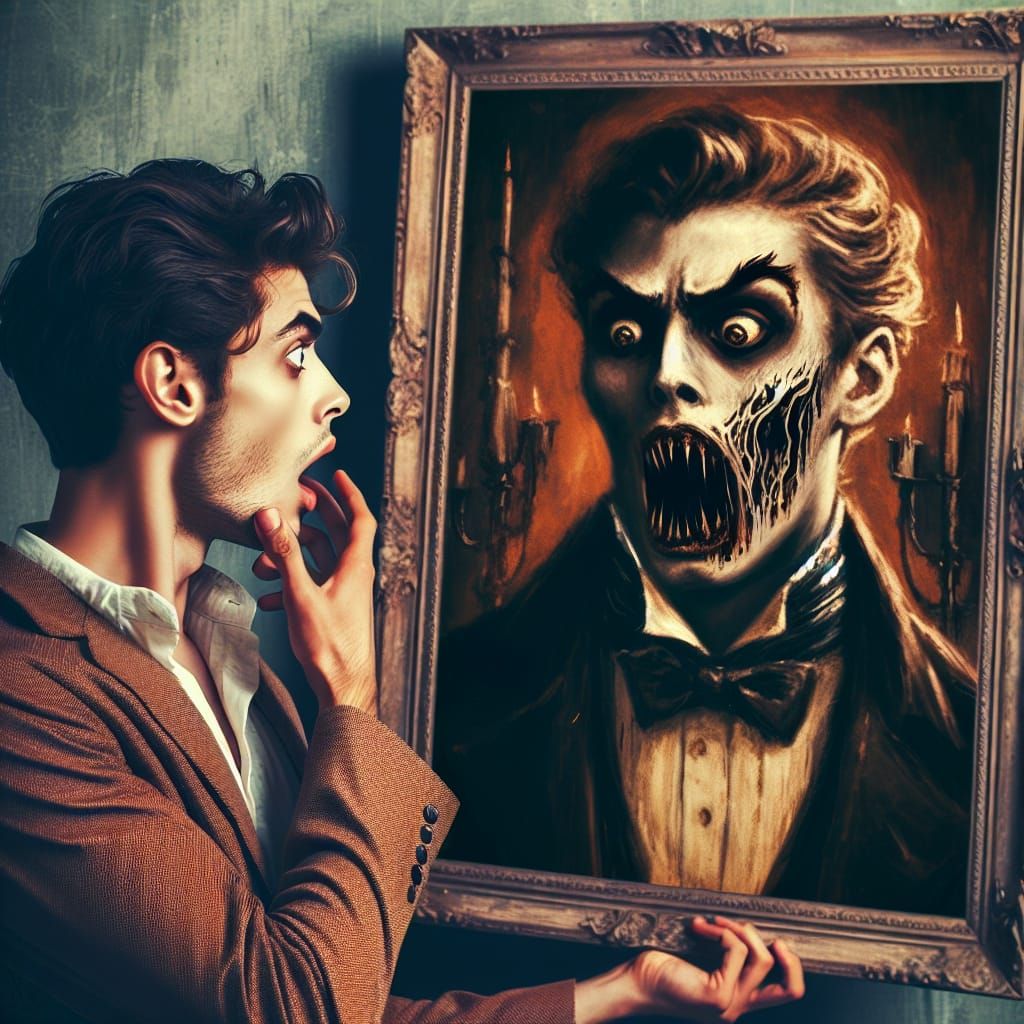 Victorian Horror: Young Man Confronts His Monstrous Portrait