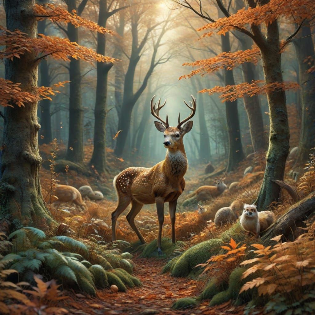 Autumn Forest Wildlife in Enchanted Woodland Scene