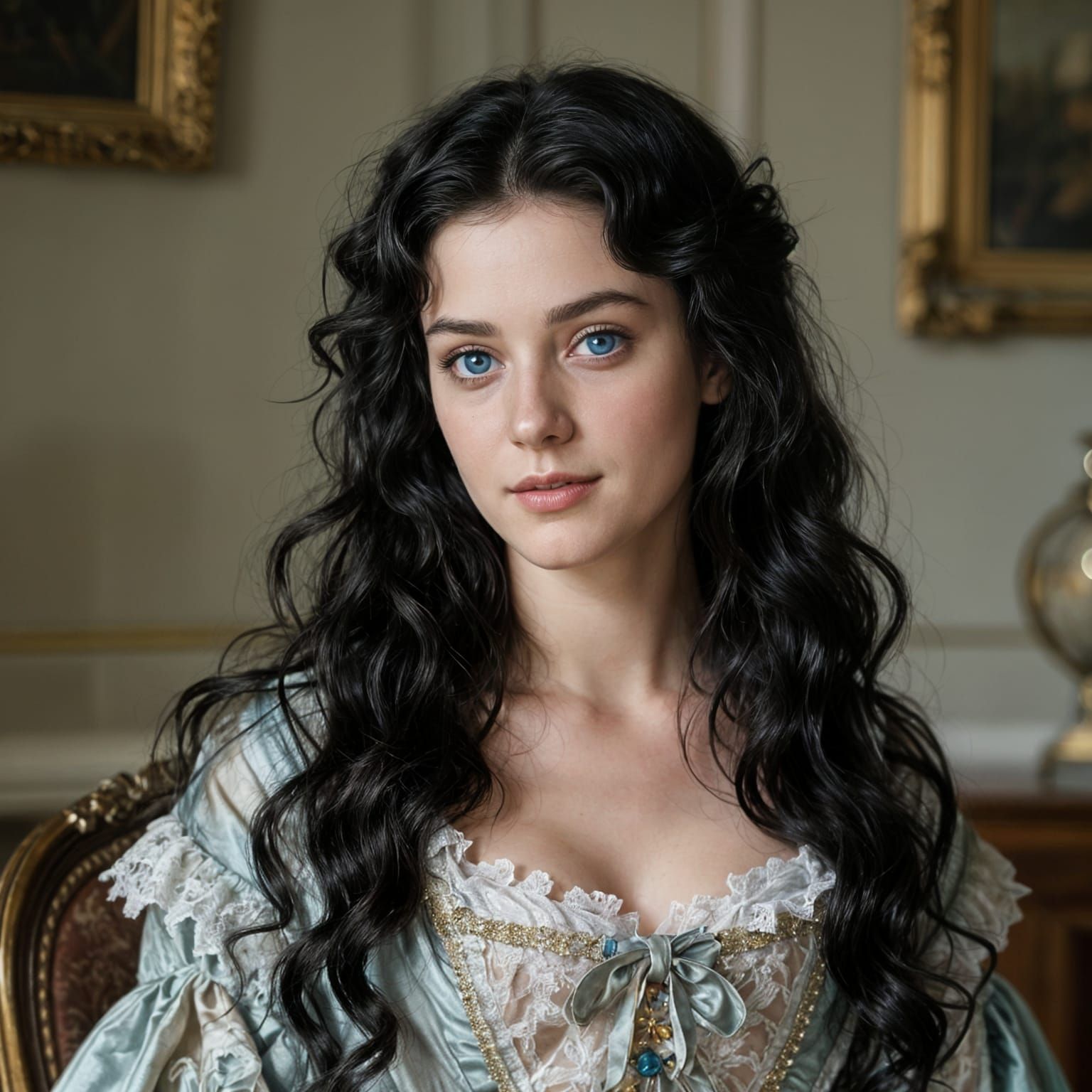 Regency Woman Portrait with Wavy Hair and Blue Eyes