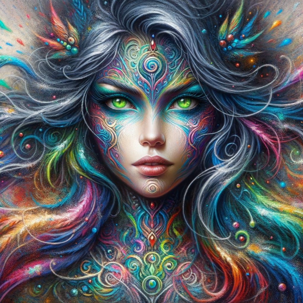 Acrylic chalk highly detailed digital painting is a stunning fantasy portrait of a mystical woman with green-gray eyes, ...