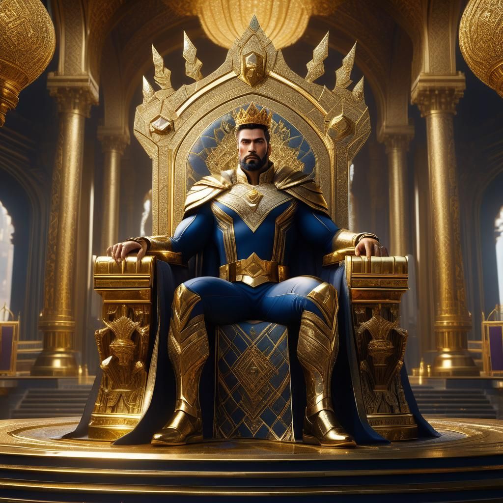 A handsome king on a golden throne, detailed gold and diamond palace in background, royal ornaments, superhero style, de...
